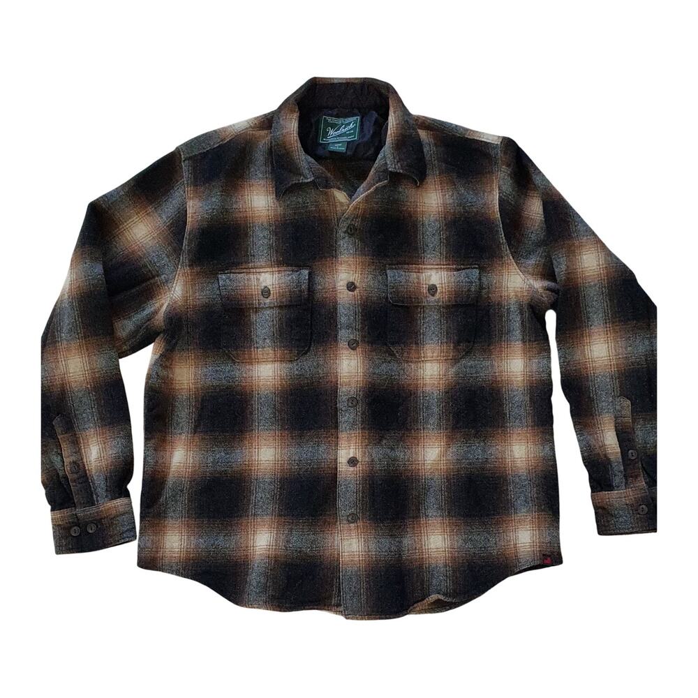 Woolrich Wool Flannel Shirt Jacket Men's Large Brown Black Gray Plaid Luxury